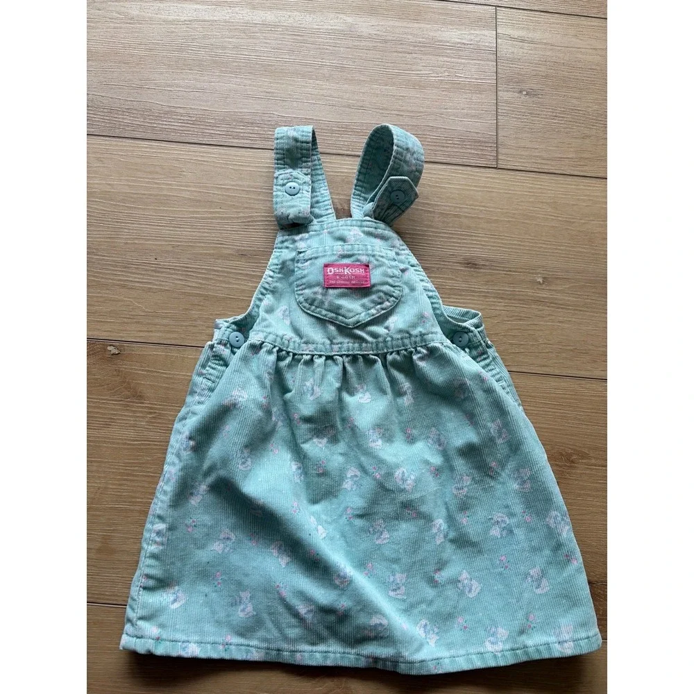 Vintage OshKosh B'Gosh Mint Corduroy Floral Kitten Jumper Dress 4T USA Made